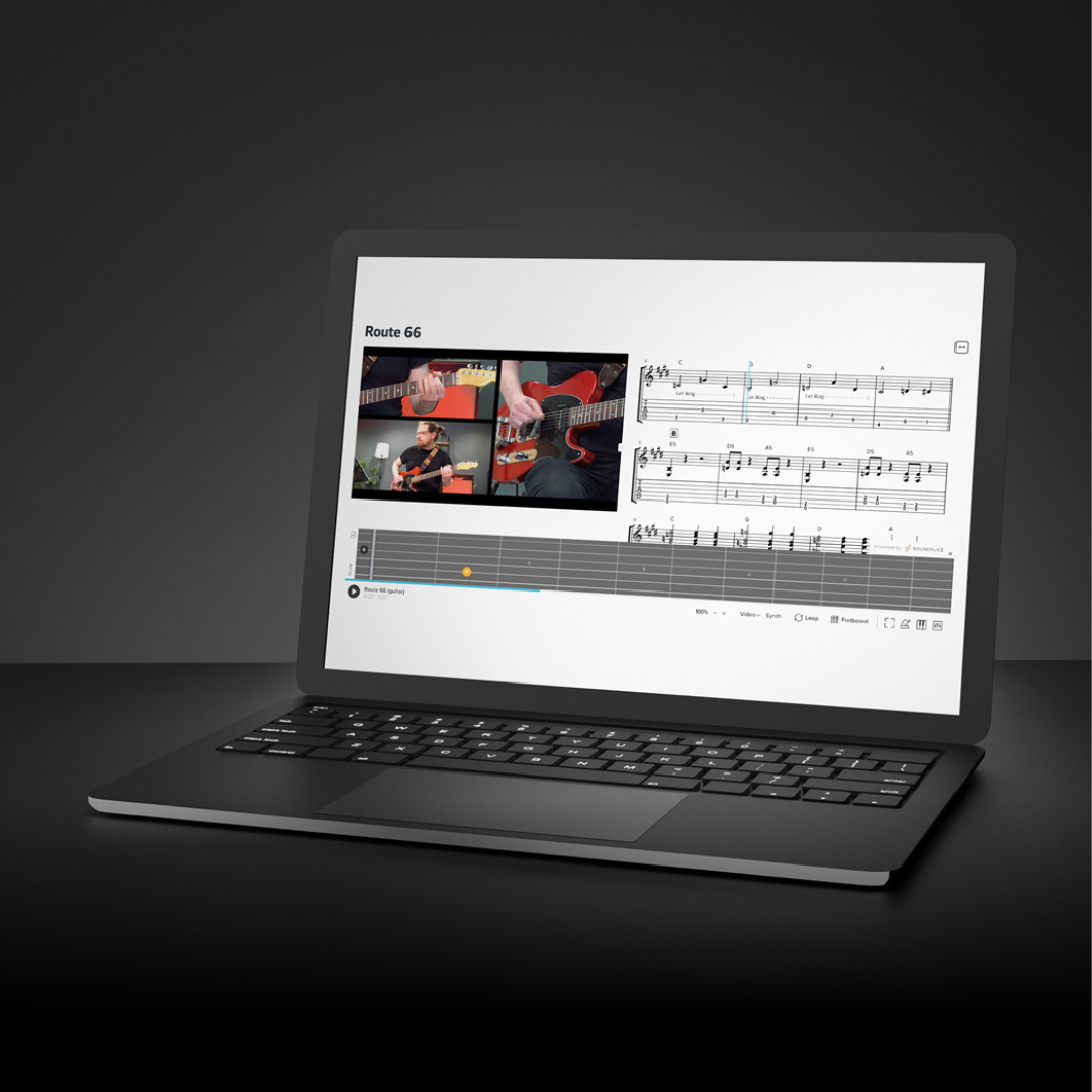 The RiFF interactive sheet music player open on a laptop, showing multi-angle guitar videos alongside notation and a live fretboard view